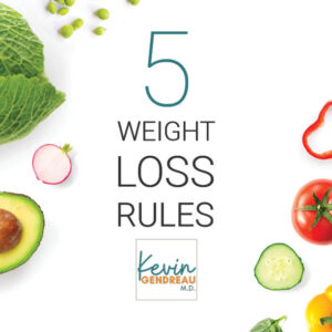 cover of 5 Weight Loss Rules e-book with avocado, turnip, lettuc, peas, and other veggies