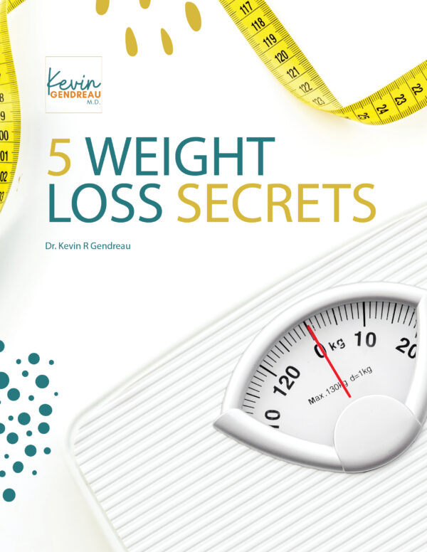 cover of e-book 5 weight loss secrets by Dr. Kevin R Gendreau - with a white scale and yellow measuring tape